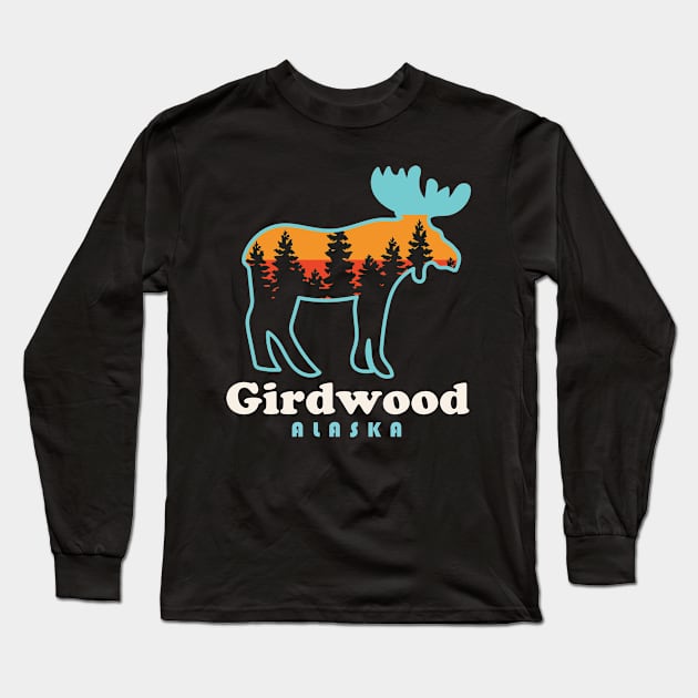 Girdwood Alaska Moose Retro Vintage Long Sleeve T-Shirt by PodDesignShop